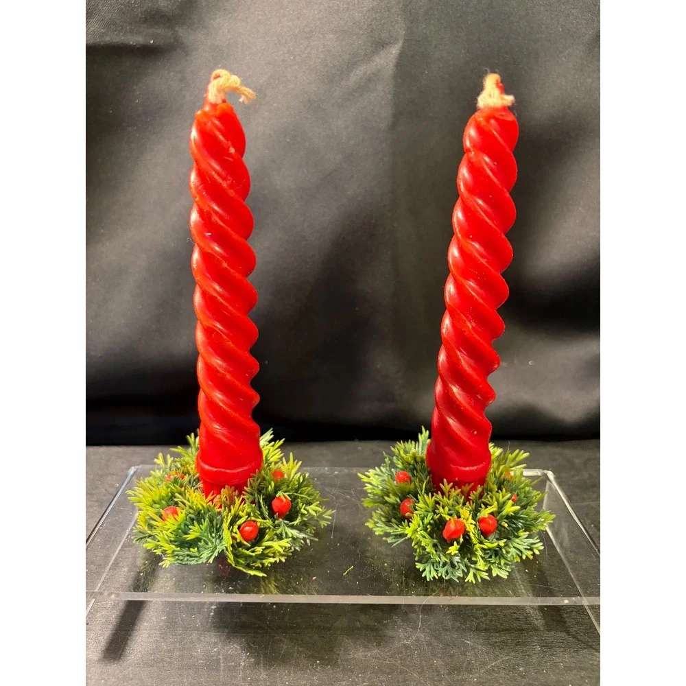 Vintage Red Spiral Taper Candles with Faux Greenery Berry Wreath Rings Set of 2
